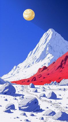 an image of a mountain with snow and rocks in the foreground, under a full moon