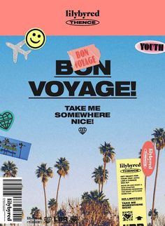 an advertisement for bon voyage, with palm trees and luggage tags on the front cover