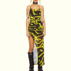 Perfect For Any Music Event. This Dress Has A Mesh Construction, A Graphic Print, Ruching, And A Side Slit Model Wears S And Is 5'10 94% Polyester 6%Spandex Hand Wash Cold #Dollskill #Clubexx Music Event, Asymmetrical Dress, Dolls Kill, Black N Yellow, Colorful Dresses, Siding, Hand Wash, Mesh, Spandex