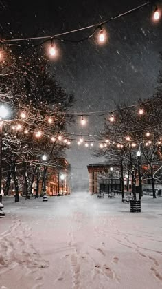 a snowy street with lots of lights strung from the ceiling and trees in the background