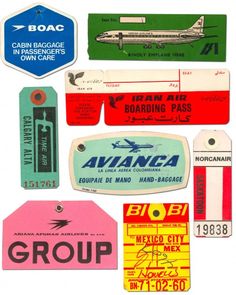 several different types of luggage tags and stickers on a white background, including an airplane