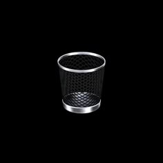 a black and silver trash can on a black background