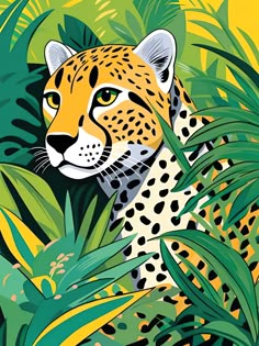 a cheetah sitting in the jungle surrounded by green plants and leaves on a yellow background