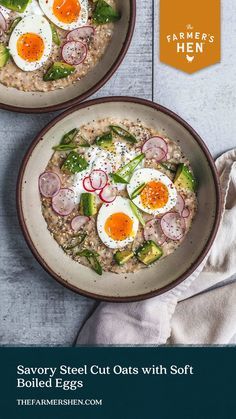 two bowls of oatmeal with eggs and vegetables