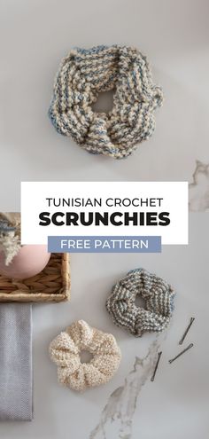 two crochet scrunches are shown with the text, free pattern