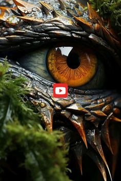 an orange eye is seen in this close up photo with moss growing on the ground