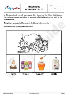 worksheet with pictures of farm animals and milk