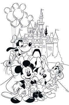 mickey mouse and friends in front of a castle with balloons coloring pages for kids to print