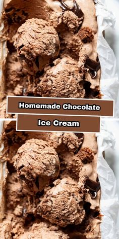 homemade chocolate ice cream in a pan with text overlay that reads homemade chocolate ice cream