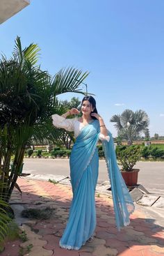 College Saree Look, Blue Saree Aesthetic, Sarees For Girls Farewell, Blue And White Saree, Saree For Girls Farewell, Farewell Sarees Colleges, Indian Jumkas, Saree Styles For Farewell, Georgette Saree Party Wear