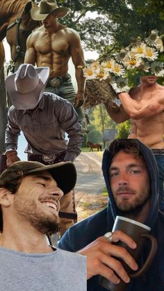 the collage shows several different men in cowboy hats, one with his shirt off