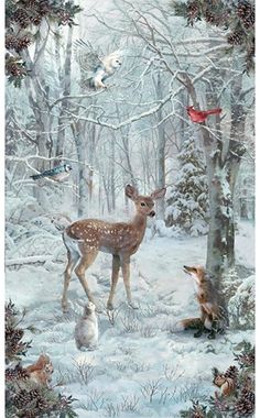 a painting of deer in the snow with birds flying above it and other animals on the ground