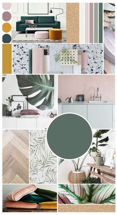 a collage with different colors and patterns on the wall, including pinks, greens,