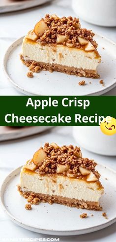 two slices of apple crisp cheesecake on white plates