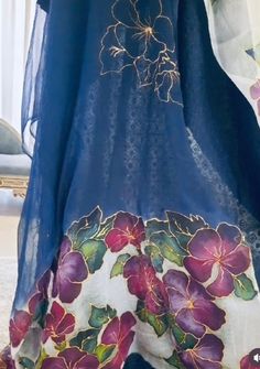 A beautiful elegant floral hand painted Pure Silk fabric - 3 piece Unstitched Shalwar Kameez (Indian Dress).  * Pure Silk fabric, made also in Chiffon and Organza etc. * Size of Dupatta is 100 x 45 inches * Size of Shirt is 90 x 45 inches * Hand washed fabric  * Comes in all different sizes and designs and colours all depending upon the customers choice and preference. Luxury Art Silk Dupatta Fabric, Painted Suits, Elegant Silk Salwar Kameez With Floral Print, Dupatta Painting Designs, Fabric Paint Shirt, Saree Painting Designs, Saree Painting, Fabric Painting Techniques, Hand Painted Dress