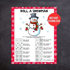 roll a snowman printable game on a blackboard with red and white border