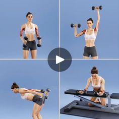 the woman is doing exercises with dumbbells