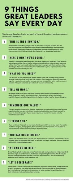 a green poster with the words 9 things great leaders say every day