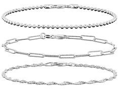 Sterling Silver Diamond-Cut 2mm Bead, 3.3mm Paperclip, & 2mm Singapore Link Bracelet Set of 3 with lobster claw clasps. Silver Bracelet Stack, Bracelet Set Silver, Diamond Stacks, Silver Bracelets For Women, Bracelet Stack, Silver Diamonds, Diamond Cut, Paper Clip, Lobster Claw