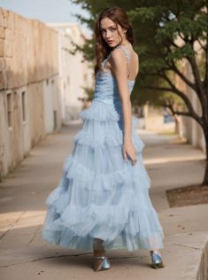 Olivia Mark - Stunning Maxi Dress with V-Neck and Layered Ruffles in Light Sky Blue Light Sky Blue, Blue Outfit, Olivia Mark, Pale Blue, Sky Blue, Blue Sky, Ruffles, Maxi Dress, V Neck