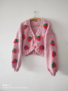 Fruits Embroidery, Strawberry Cardigan, Slytherin Fashion, Cardigan Rosa, Cute Sweater Outfits, Embroidery Cute, Cardigan With Buttons, Comfy Cardigan, Heart Cardigan