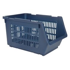 a large blue plastic basket on a white background