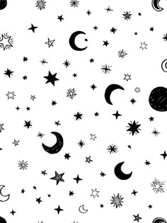 black and white stars and moon pattern on a white background