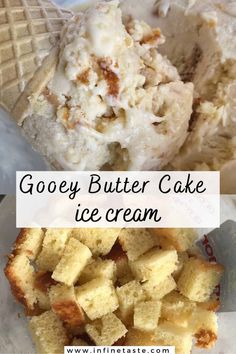 gooey butter cake ice cream in a waffle cone with the words gooey butter cake ice cream above it