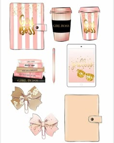 the contents of a pink and gold girl boss planner book, coffee cup, binder,