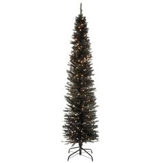 a tall black christmas tree with lights on it's top and bottom branches in the shape of a cone