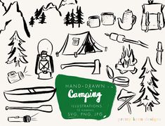 hand - drawn camping illustrations with tent and campfire