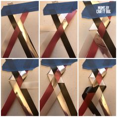 four pictures of different types of scissors being used to cut strips of paper with tape