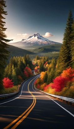 the road is lined with colorful trees and mountains in the background, as well as an image of a snow capped mountain