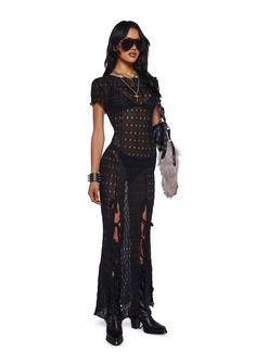 This maxi dress has a sheer textured construction, an all over floral pattern, short sleeves, and front slits with adjustable ties. Emily The Strange, Group Costumes, Halloween Sale, Dress Pant, Trendy Fashion Women, Fall Looks, Floral Maxi, Black Maxi Dress, Dolls Kill