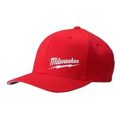 a red baseball cap with the word milwaukee on it and an arrow at the peak