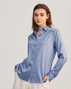 This Long Sleeve Collared Silk Blouse can be worn across all seasons. Made with 19 momme silk and spandex material, this shirt is essential for your wardrobe as it features a pleated design at the back; whether it be for workwear or weekend wear, this item is a must-have. The shirt sits below the hips, offering a curved hem which is perfect if you wish to tuck the shirt into your favorite pair of jeans. Silk Shirt Women, Silk Pajamas Women, Camisole Set, Striped Midi Skirt, Silk Knit, Knitted Coat, Silk Charmeuse, Silk Twill, Weekend Wear