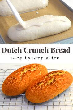 two breads sitting on top of a baking sheet with the words dutch brunch bread step by step video