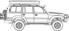 a drawing of a four wheel drive vehicle with a surfboard on the roof rack