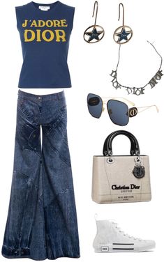 This outfit includeya dior shirt dior jeans dior shoes dior purse dior glasses dior necklace and cute dior star earrings J’adore Dior Shirt Outfit, Jadore Dior Outfit, Jadore Dior Shirt, Dior Jeans, Dior Outfit, J Adore Dior, Dior Glasses, Dior Purse, Dior Shirt