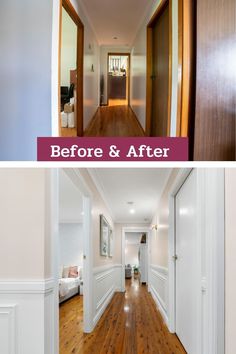 before and after photos of a hallway with hard wood floors, white walls, and hardwood flooring