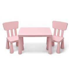 two children's pink plastic chairs and a table with one child's wooden chair