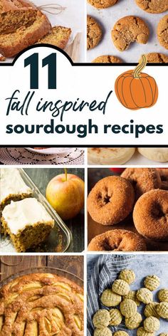 the 11 fall inspired sourdough recipes are featured in this collage with pumpkins and apples