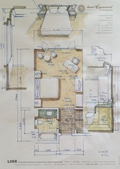 a drawing of a living room and kitchen area with furniture in the floor plan for a small apartment