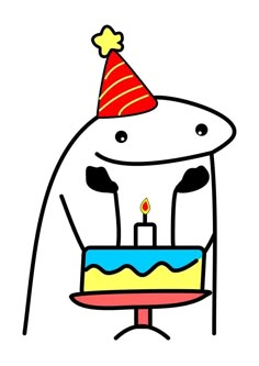 a cartoon character with a birthday cake in front of him, wearing a party hat