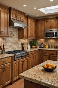 a kitchen with wooden cabinets and granite counter tops