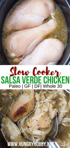 slow cooker salsa verde chicken in a pot with text overlay