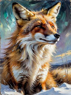 a painting of a fox sitting in the snow