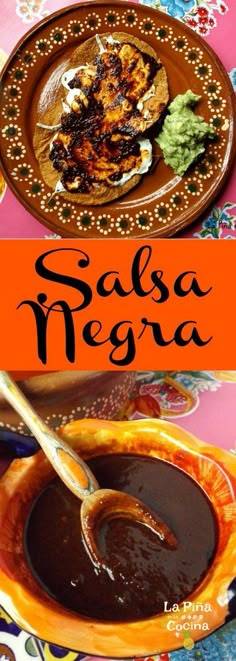 there is a plate with some food on it and the words salsa negra above it