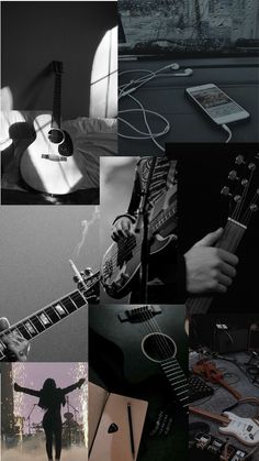 a collage of black and white images with guitar, cell phone, music player