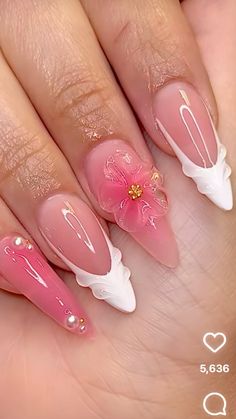 Flower 3d Nails, Hawaii Inspired Nails, Y2k Pink Nails, Cherry Blossom Nails Design, Classy Almond Nails, Almond Acrylic Nails Designs, Wow Nails, Gold Glitter Nails, Airbrush Nails